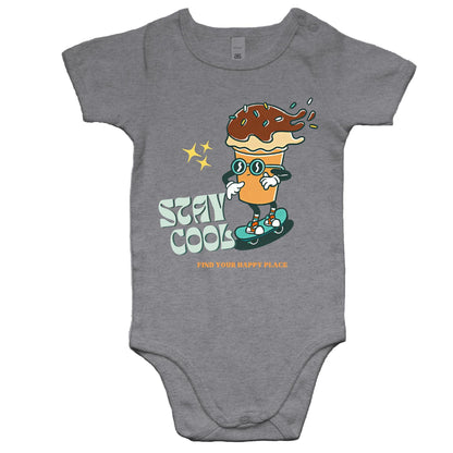 Stay Cool, Find Your Happy Place - Baby Bodysuit Grey Marle Baby Bodysuit Retro Summer