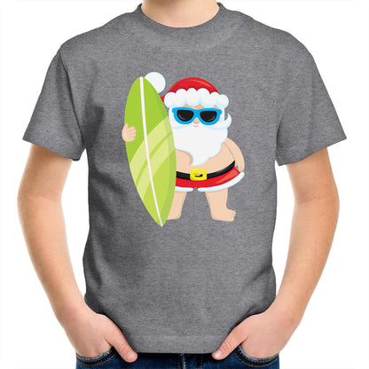 Surf Santa - Kids Youth Crew T-Shirt Grey Marle Christmas Kids T-shirt Merry Christmas