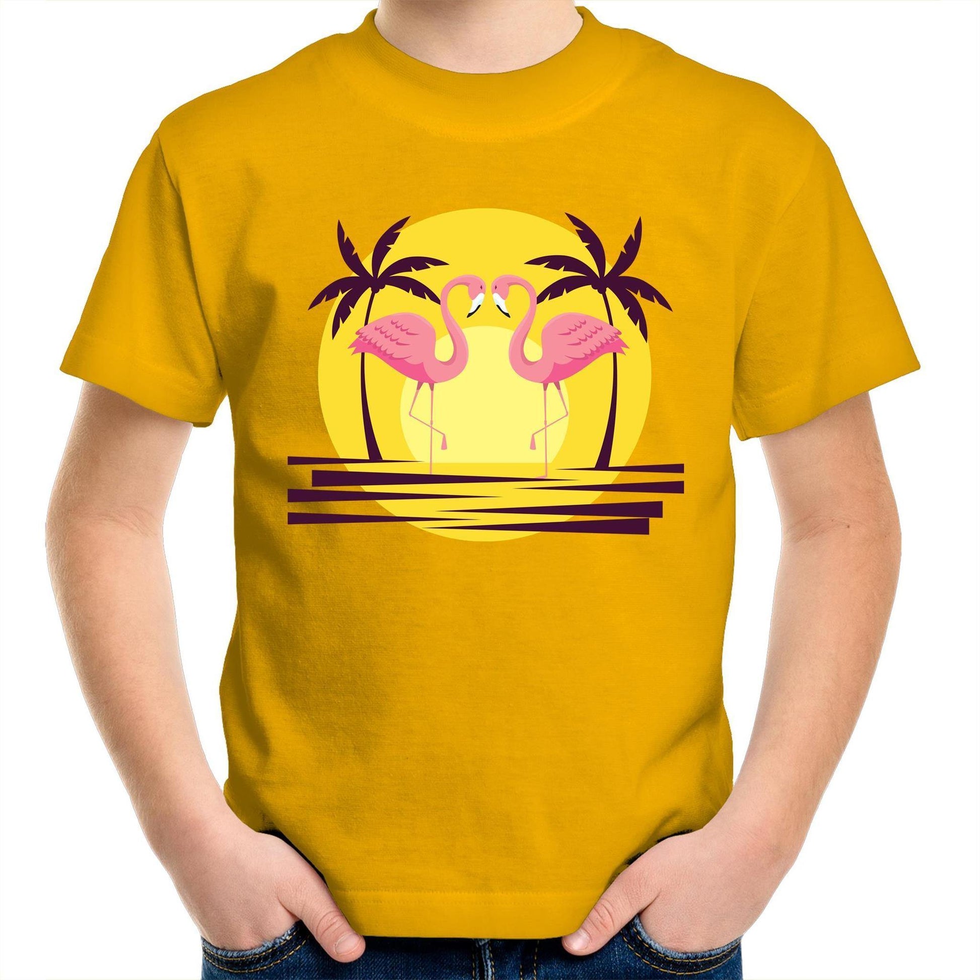 Flamingo Love - Kids Youth Crew T-Shirt Gold Kids Youth T-shirt animal Retro Summer