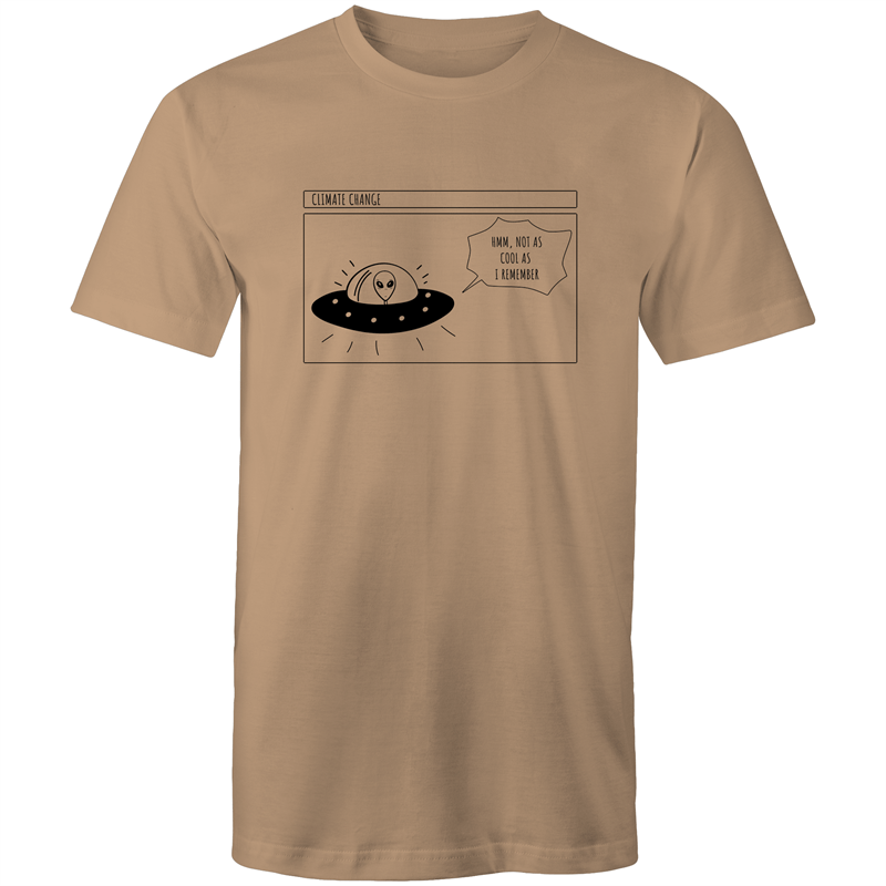 Alien Climate Change - Mens T-Shirt Tan Mens T-shirt comic Environment Funny Mens Sci Fi Space