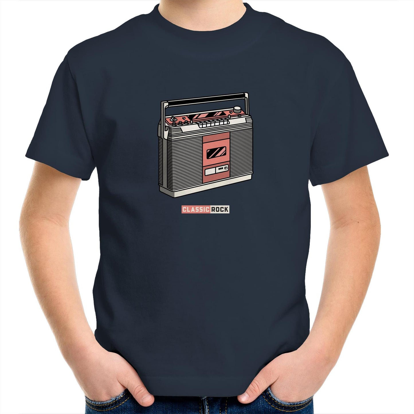 Classic Rock, Cassette Player Kids Youth Crew T-Shirt Navy Kids Youth T-shirt Music Retro