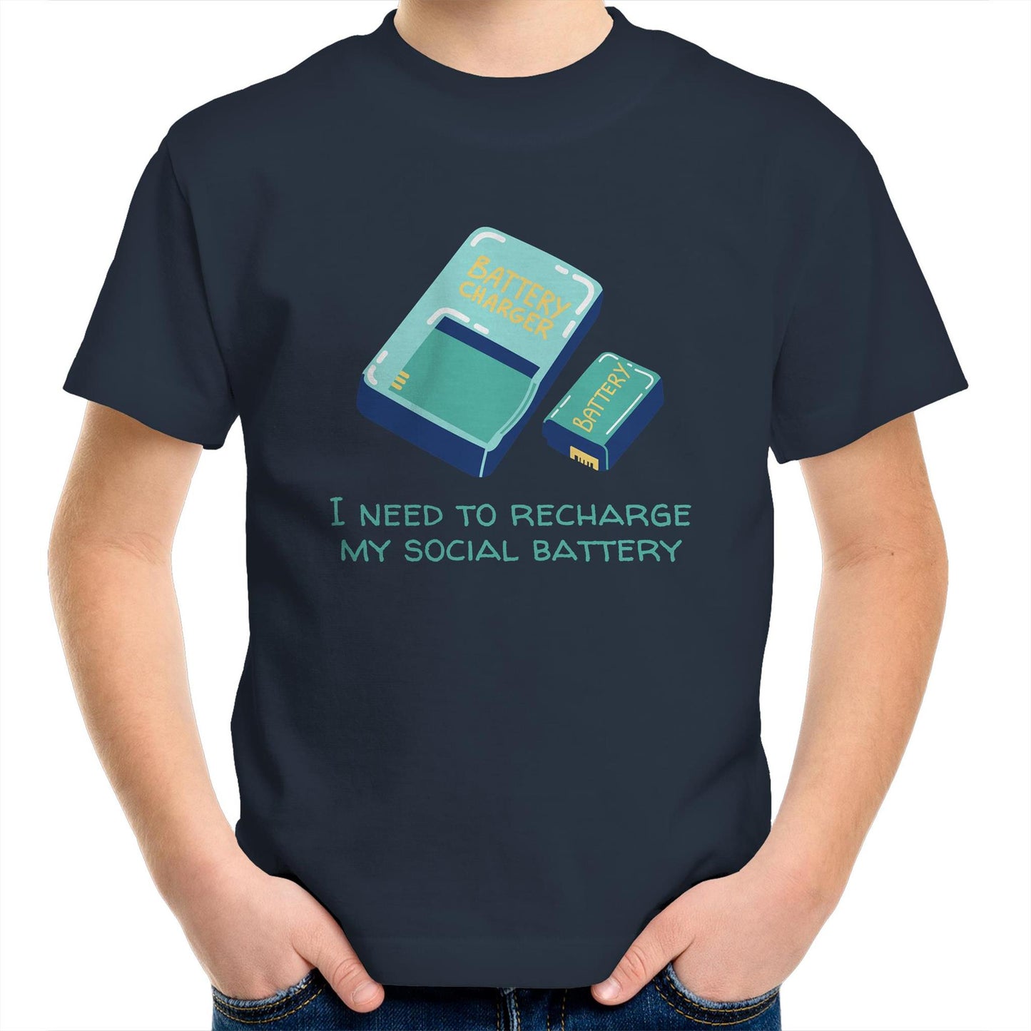 Recharge My Social Battery - Kids Youth Crew T-Shirt Navy Kids Youth T-shirt Funny