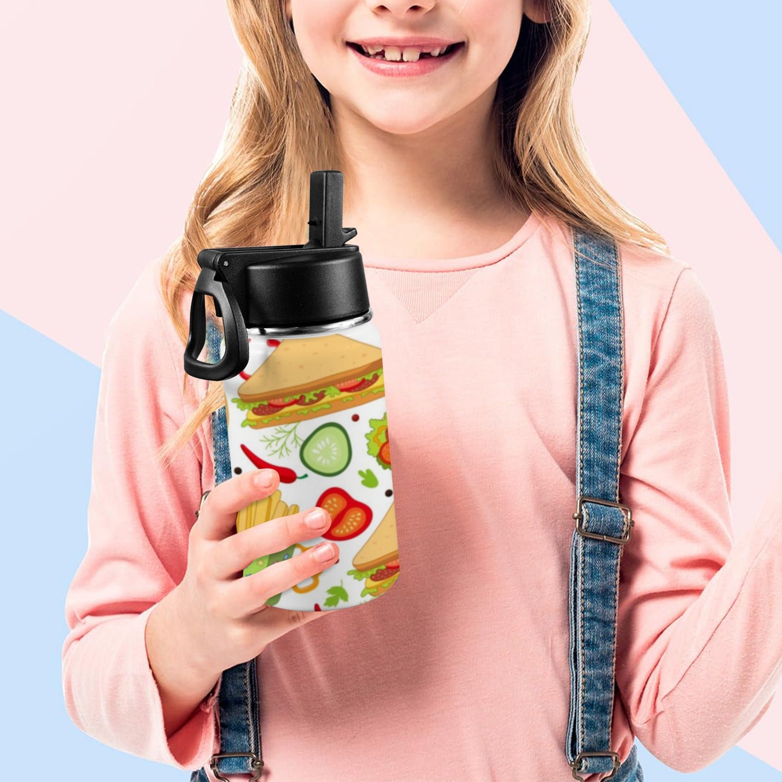 Snack Time - Kids Water Bottle with Straw Lid (12 oz) Kids Water Bottle with Straw Lid