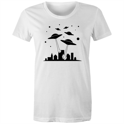 Space Invasion - Women's T-shirt White Womens T-shirt comic Retro Sci Fi Space Womens