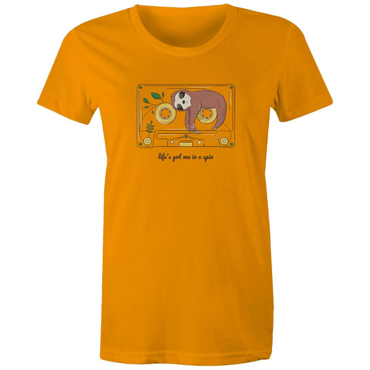Cassette, Life's Got Me In A Spin - Womens T-shirt Orange Womens T-shirt animal Music Retro