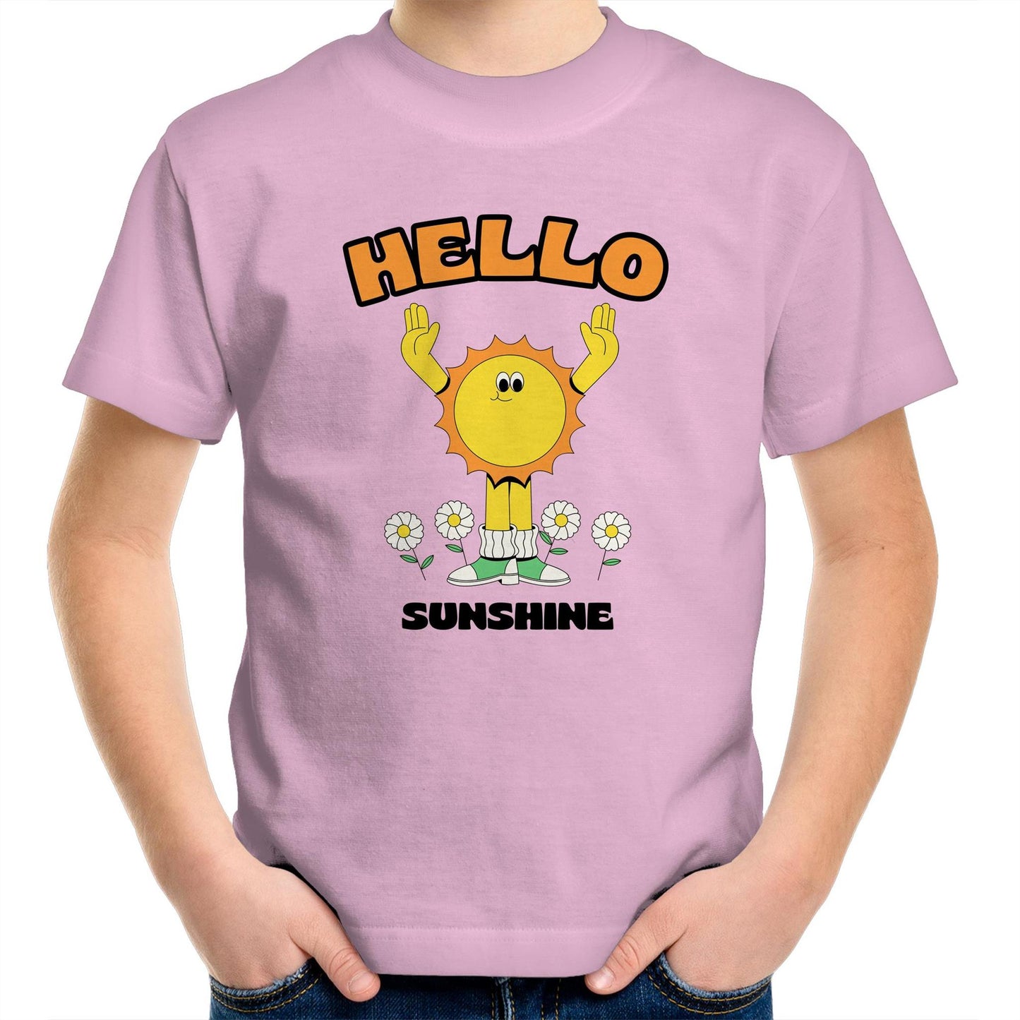 Hello Sunshine - Kids Youth Crew T-Shirt Pink Kids Youth T-shirt Retro Summer