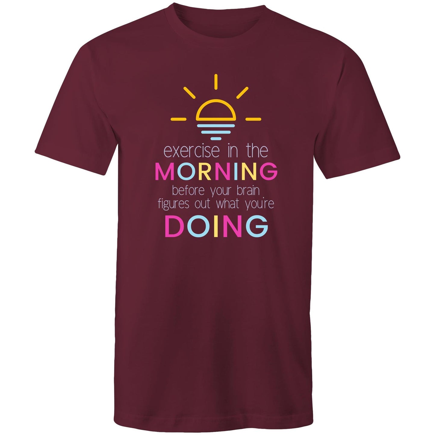 Exercise In The Morning - Short Sleeve T-shirt Burgundy Fitness T-shirt Fitness Mens Womens