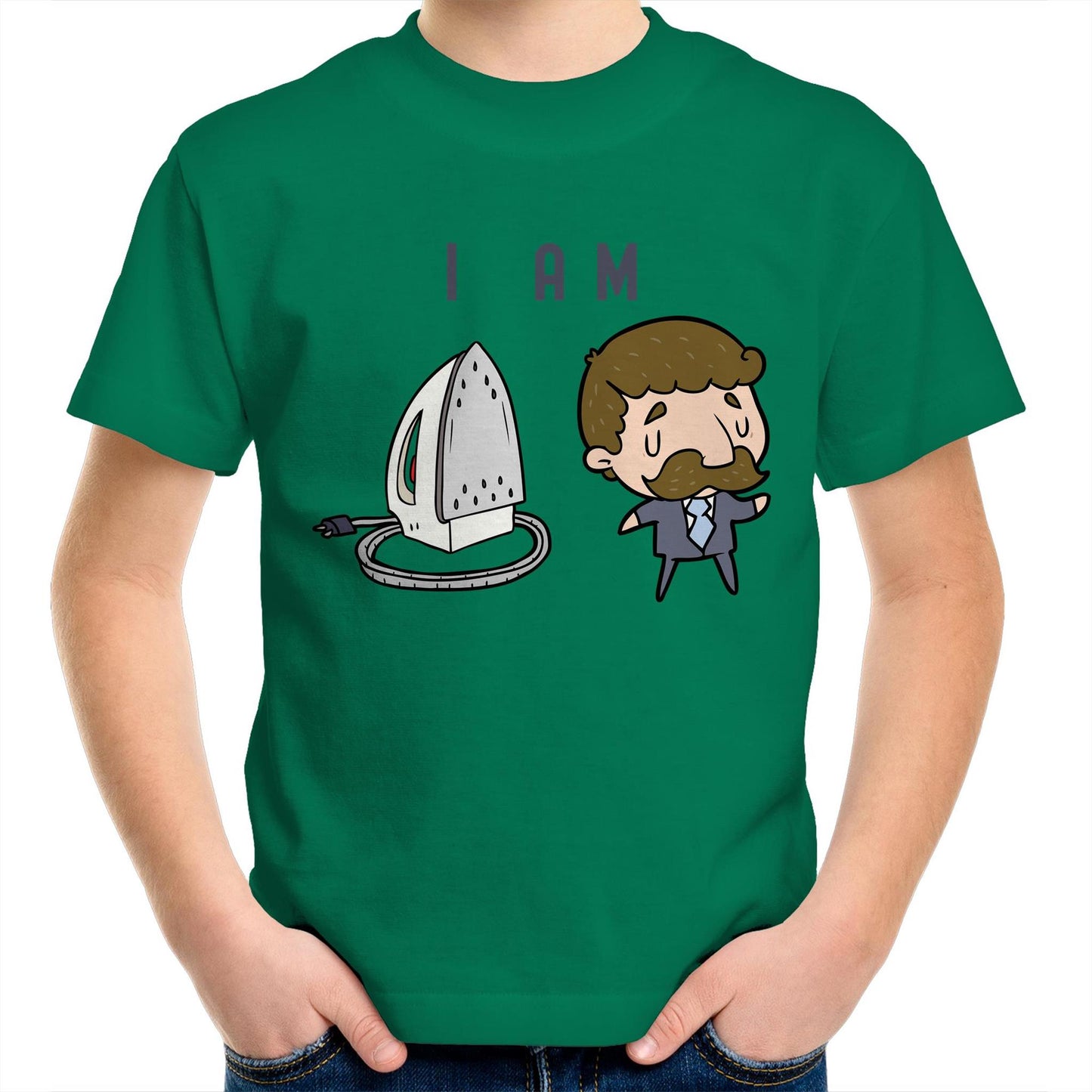 I Am Ironing Man Cartoon - Kids Youth Crew T-Shirt Kelly Green Kids Youth T-shirt comic Funny