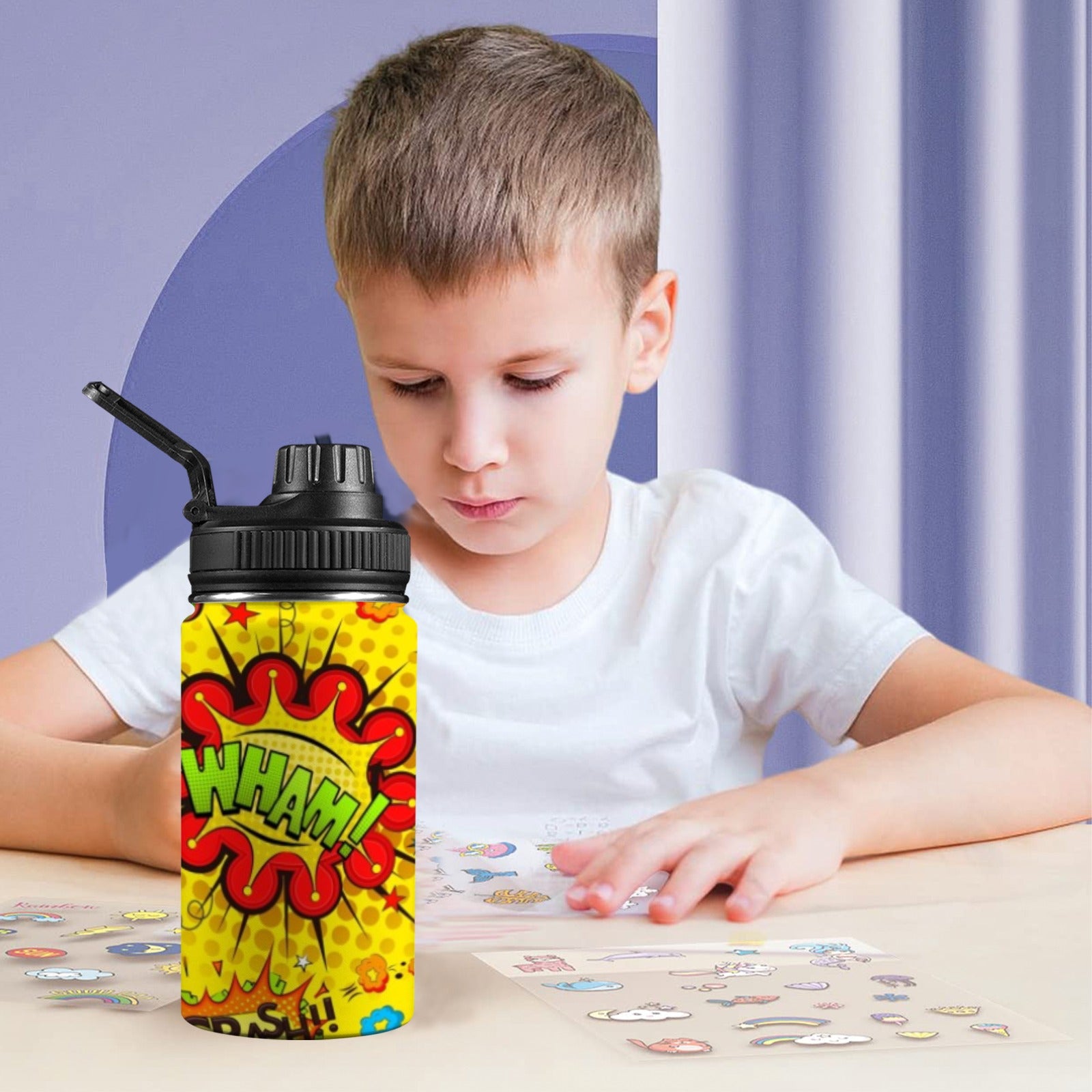 Comic Book Yellow - Kids Water Bottle with Chug Lid (12 oz) Kids Water Bottle with Chug Lid