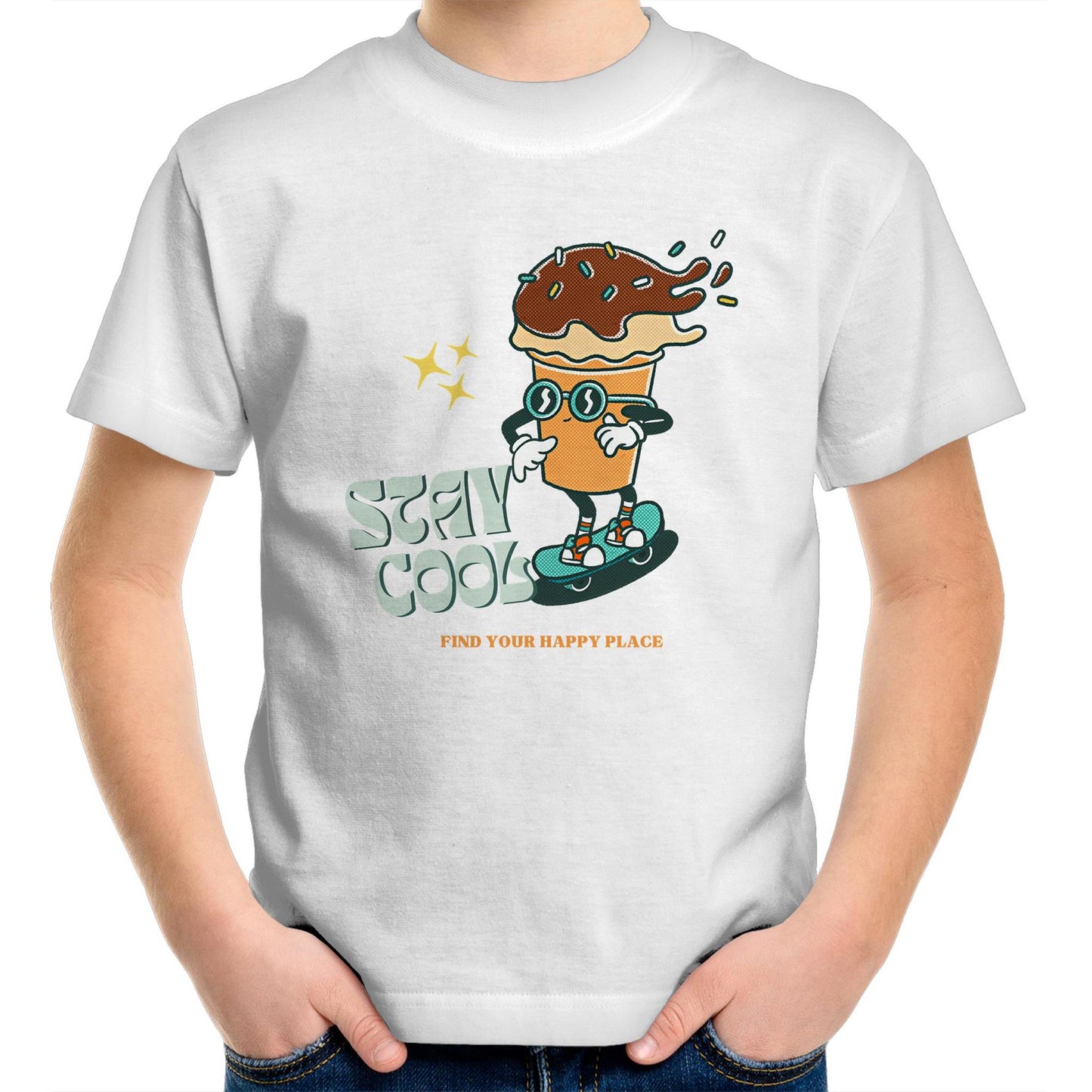 Stay Cool, Find Your Happy Place - Kids Youth Crew T-Shirt White Kids Youth T-shirt Retro Summer
