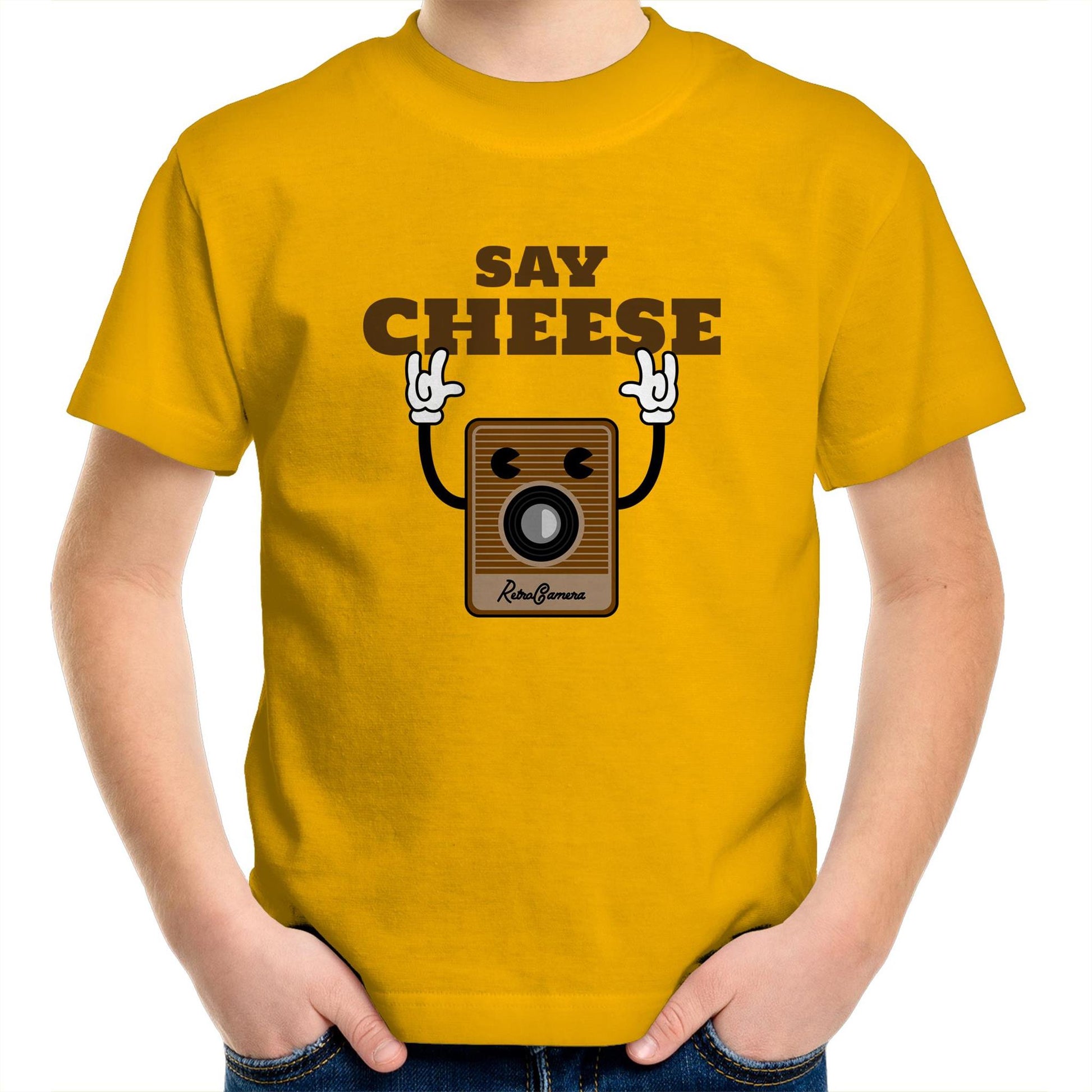 Say Cheese, Retro Camera - Kids Youth Crew T-Shirt Gold Kids Youth T-shirt Retro Tech