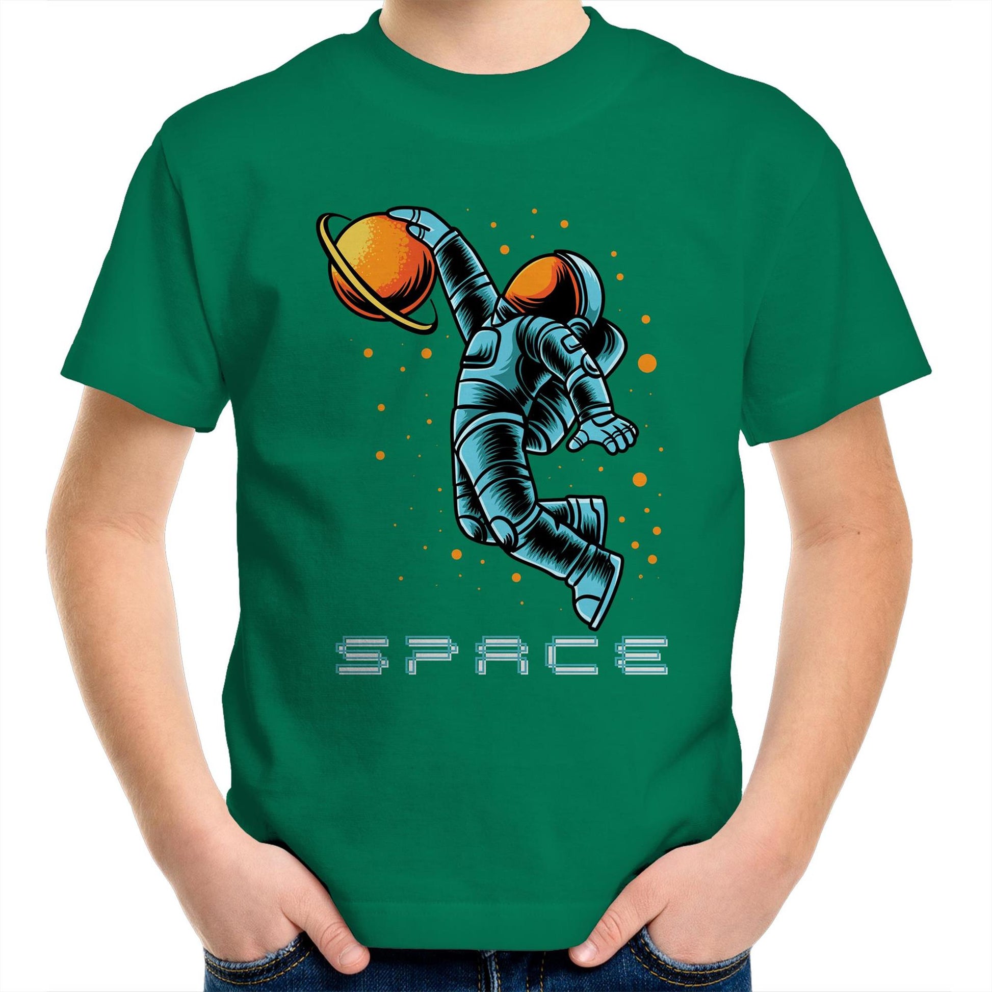 Astronaut Basketball - Kids Youth Crew T-Shirt Kelly Green Kids Youth T-shirt Space