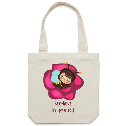Bee-lieve In Yourself - Canvas Tote Bag Cream One-Size Tote Bag animal kids