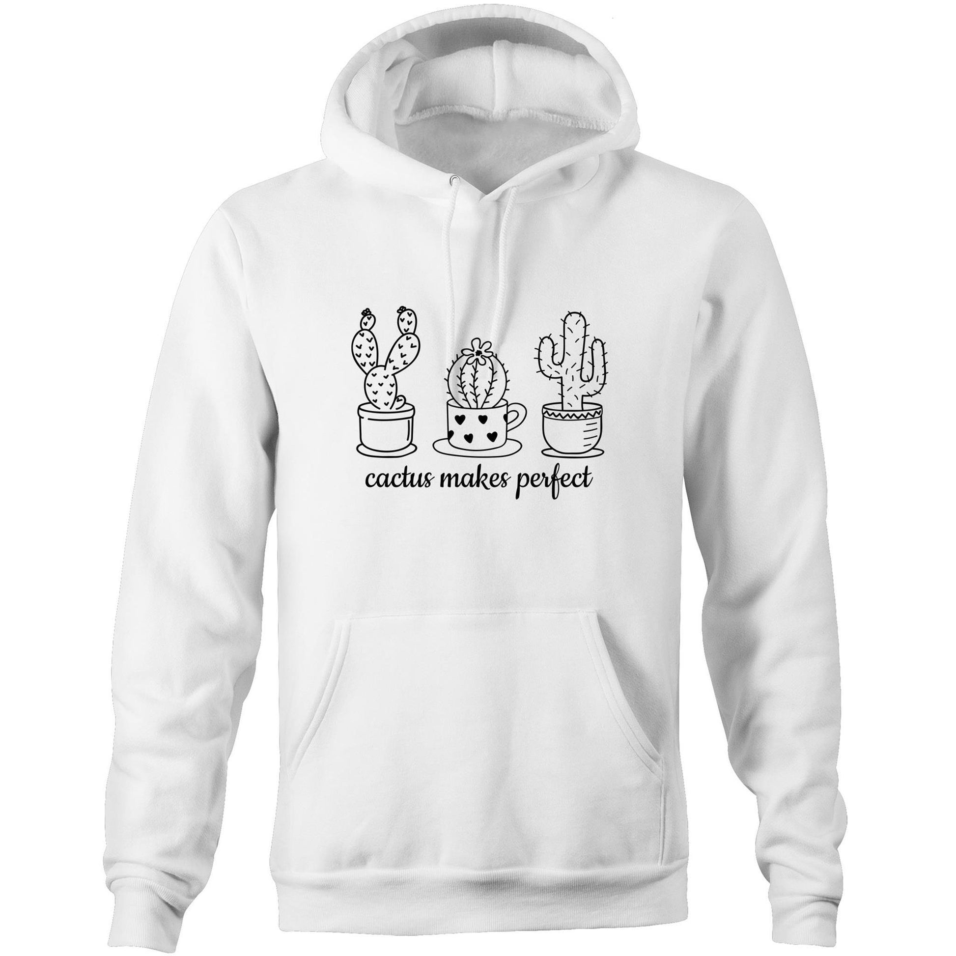 Cactus Makes Perfect - Pocket Hoodie Sweatshirt White Hoodie Mens Womens