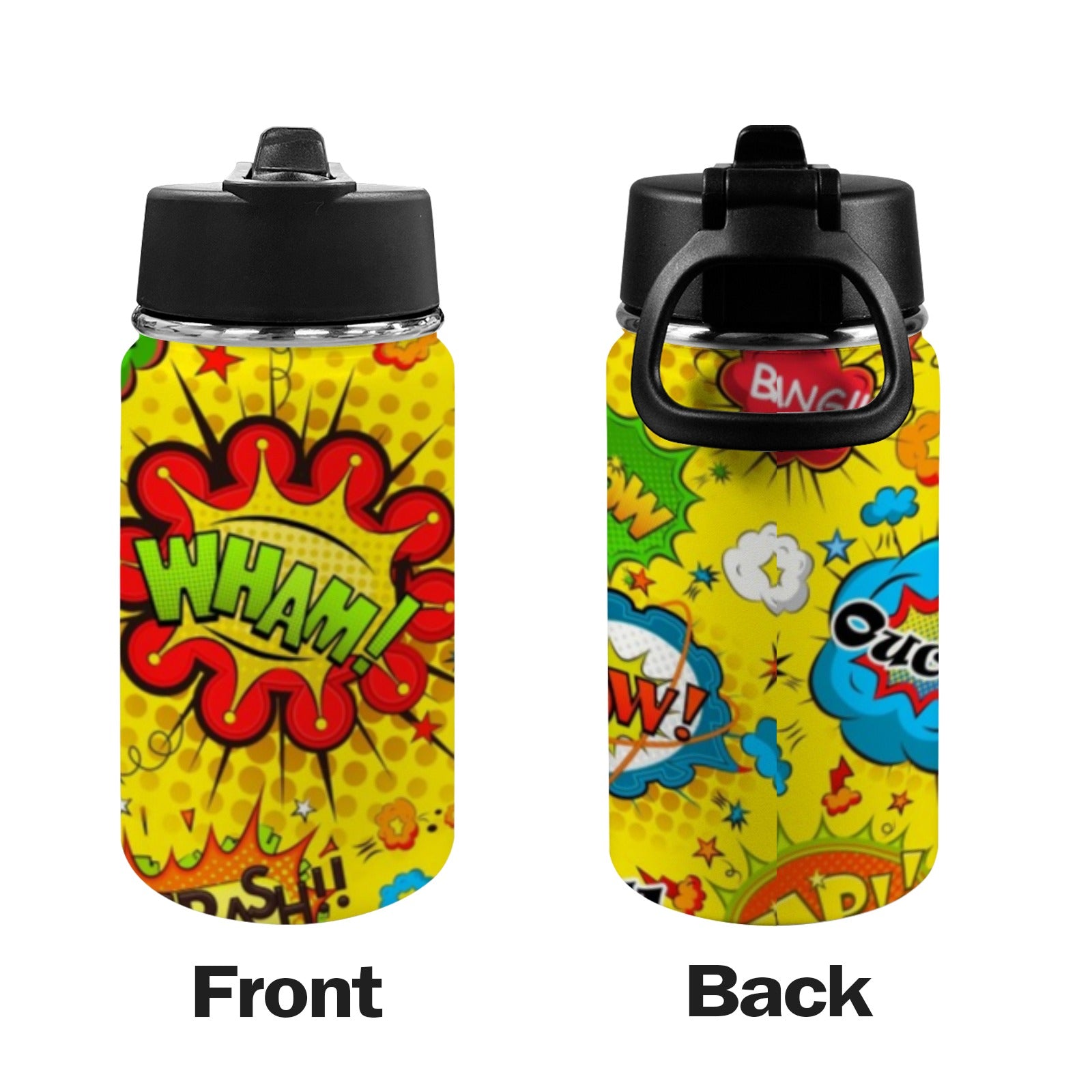 Comic Book Yellow - Kids Water Bottle with Straw Lid (12 oz) Kids Water Bottle with Straw Lid