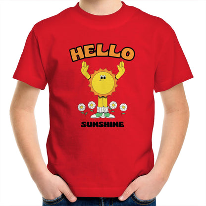 Hello Sunshine - Kids Youth Crew T-Shirt Red Kids Youth T-shirt Retro Summer