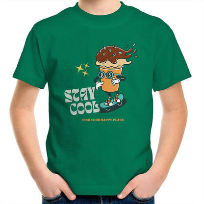 Stay Cool, Find Your Happy Place - Kids Youth Crew T-Shirt Kelly Green Kids Youth T-shirt Retro Summer
