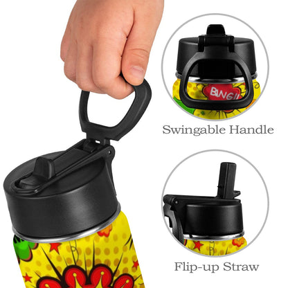 Comic Book Yellow - Kids Water Bottle with Straw Lid (12 oz) Kids Water Bottle with Straw Lid