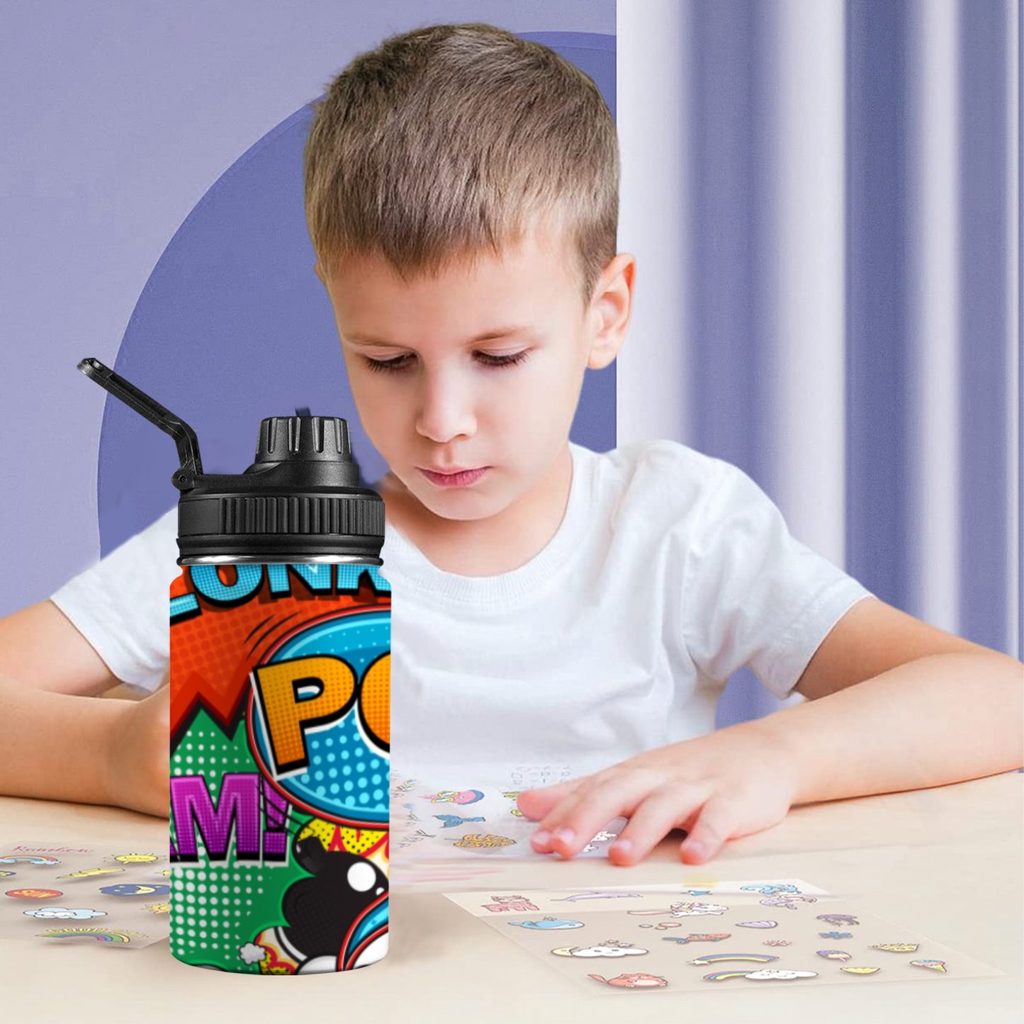 Comic Book 2 - Kids Water Bottle with Chug Lid (12 oz) Kids Water Bottle with Chug Lid