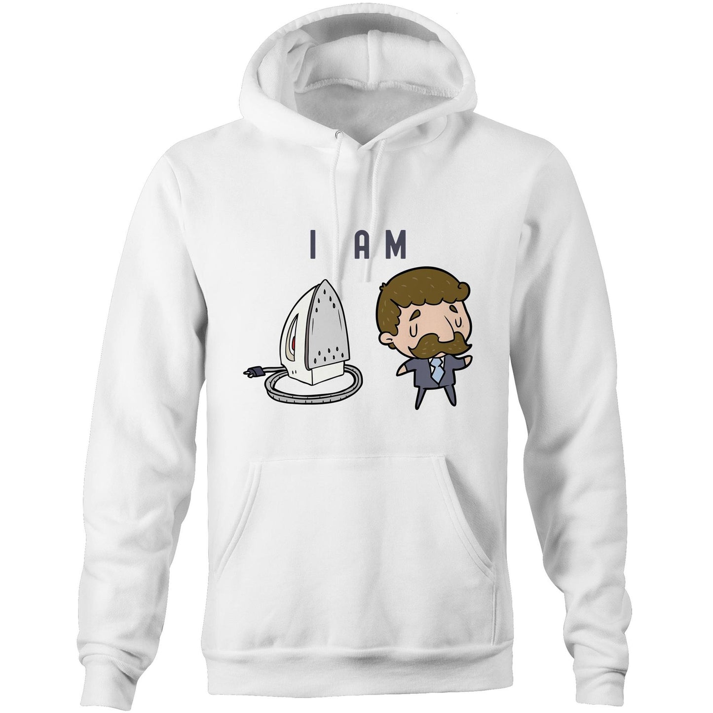 I Am Ironing Man Cartoon - Pocket Hoodie Sweatshirt White Hoodie comic Funny