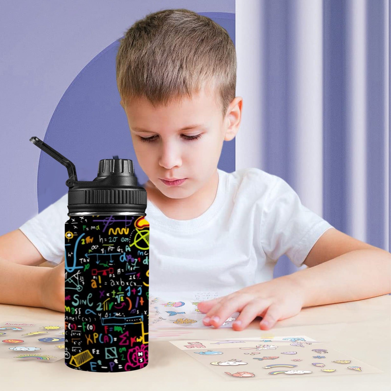 Math Scribbles - Kids Water Bottle with Chug Lid (12 oz) Kids Water Bottle with Chug Lid
