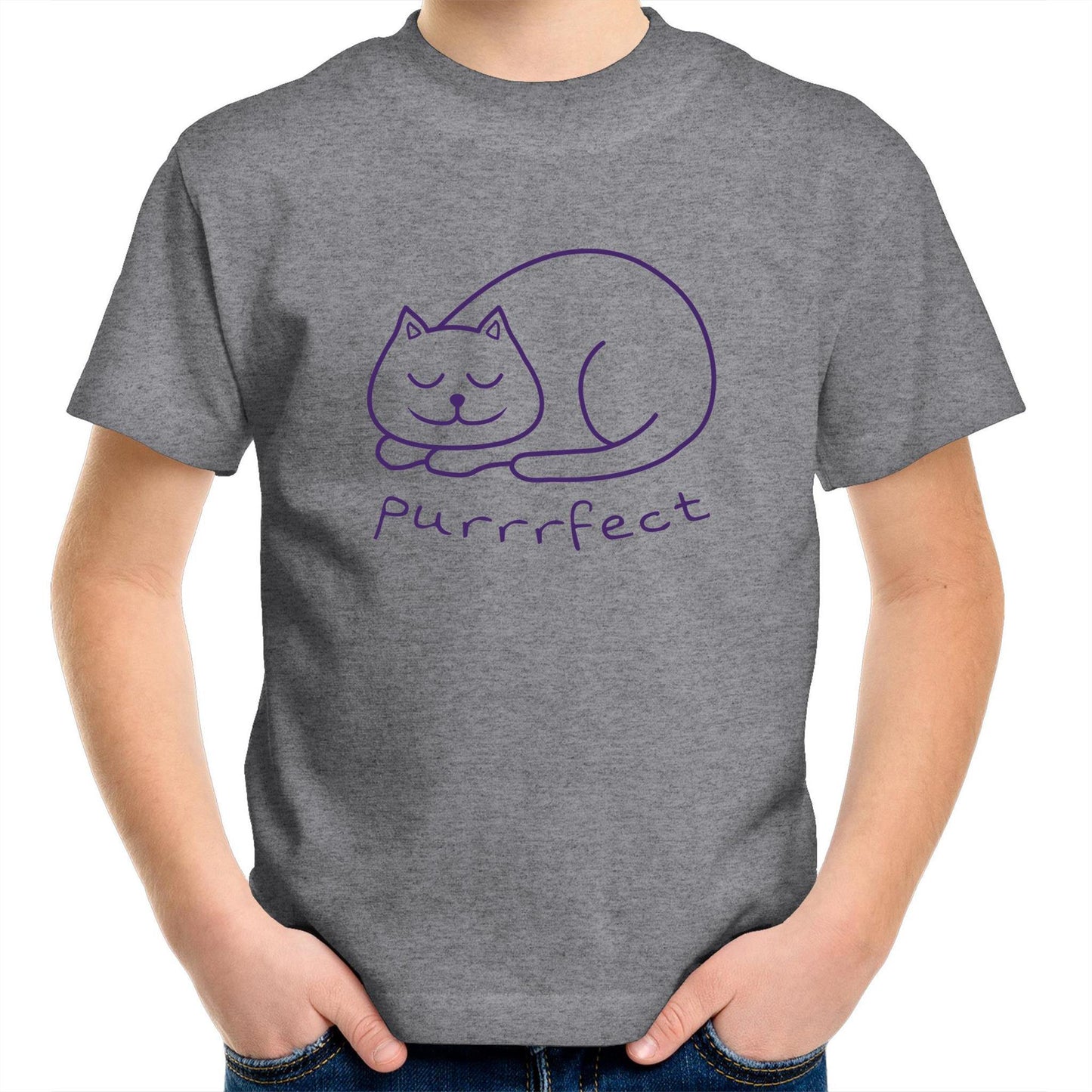 Purrrfect - Kids Youth Crew T-Shirt Grey Marle Kids Youth T-shirt animal