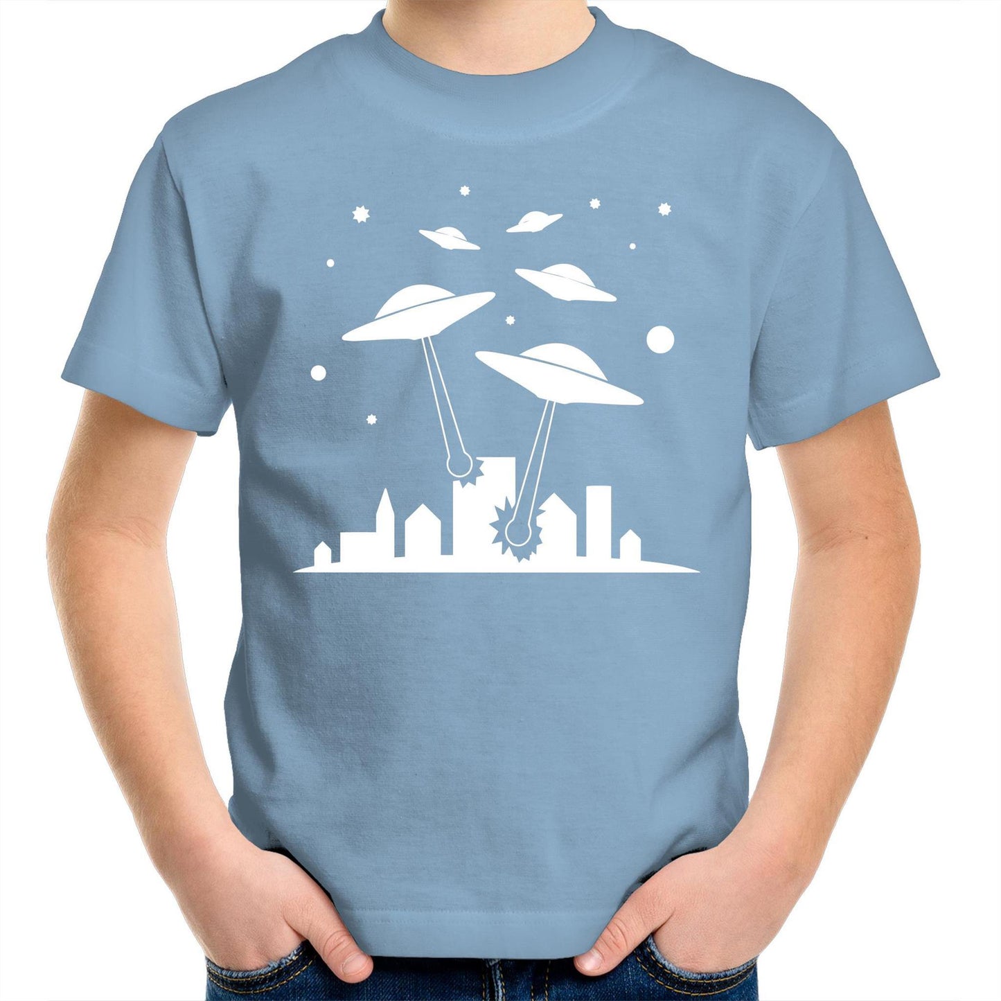 Space Invasion - Kids Youth Crew T-Shirt Carolina Blue Kids Youth T-shirt