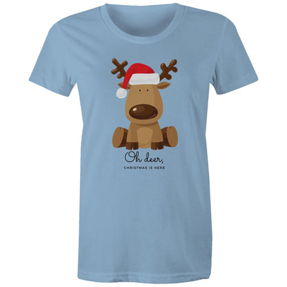 Oh Deer, Christmas Is Here - Womens T-shirt Carolina Blue Christmas Womens T-shirt Merry Christmas