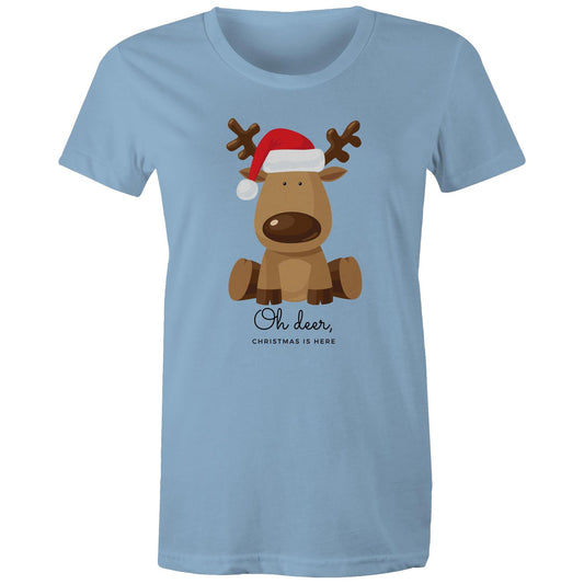Oh Deer, Christmas Is Here - Womens T-shirt Carolina Blue Christmas Womens T-shirt Merry Christmas