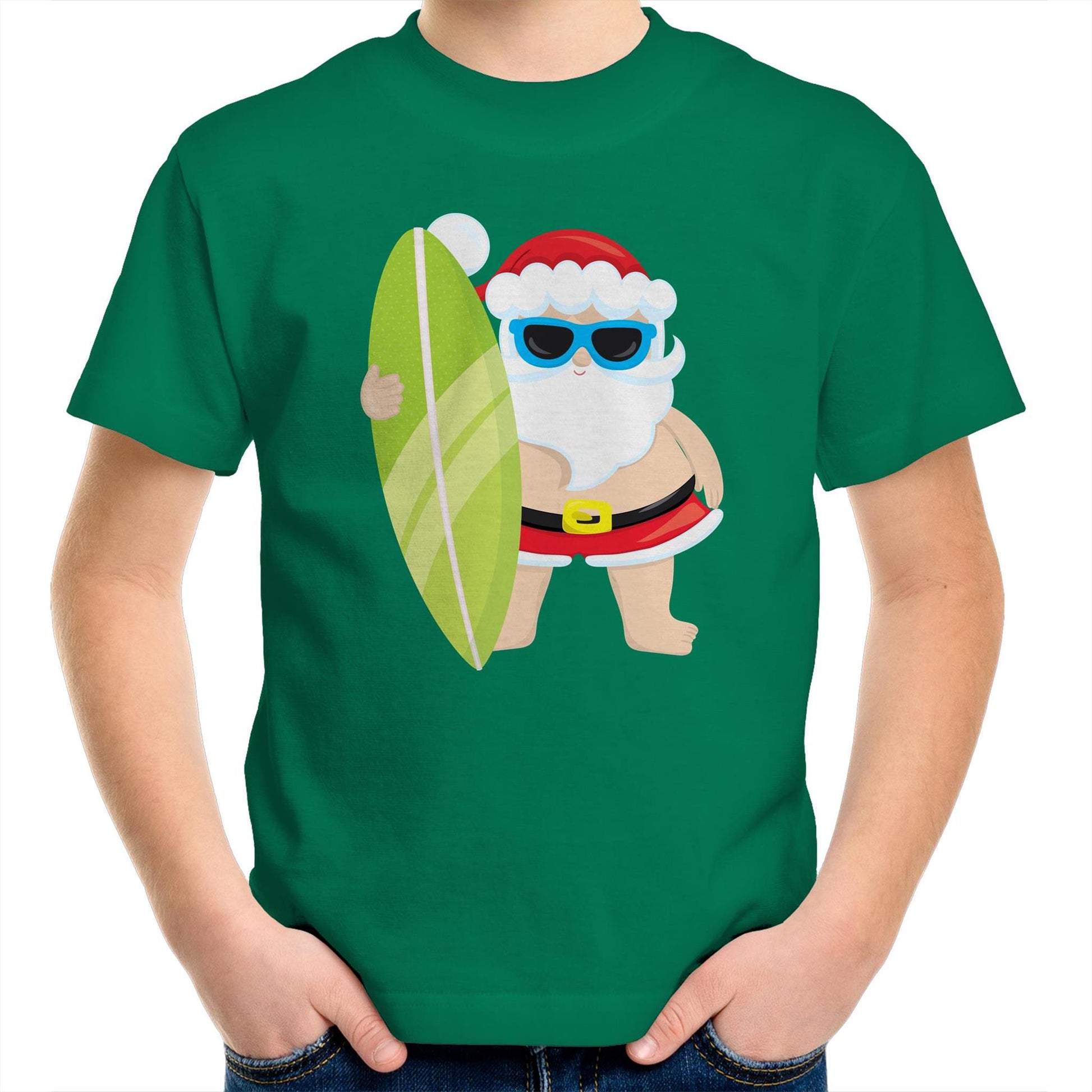 Surf Santa - Kids Youth Crew T-Shirt Kelly Green Christmas Kids T-shirt Merry Christmas
