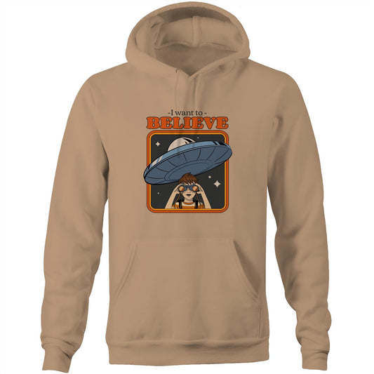 I Want To Believe - Pocket Hoodie Sweatshirt Tan Hoodie Sci Fi