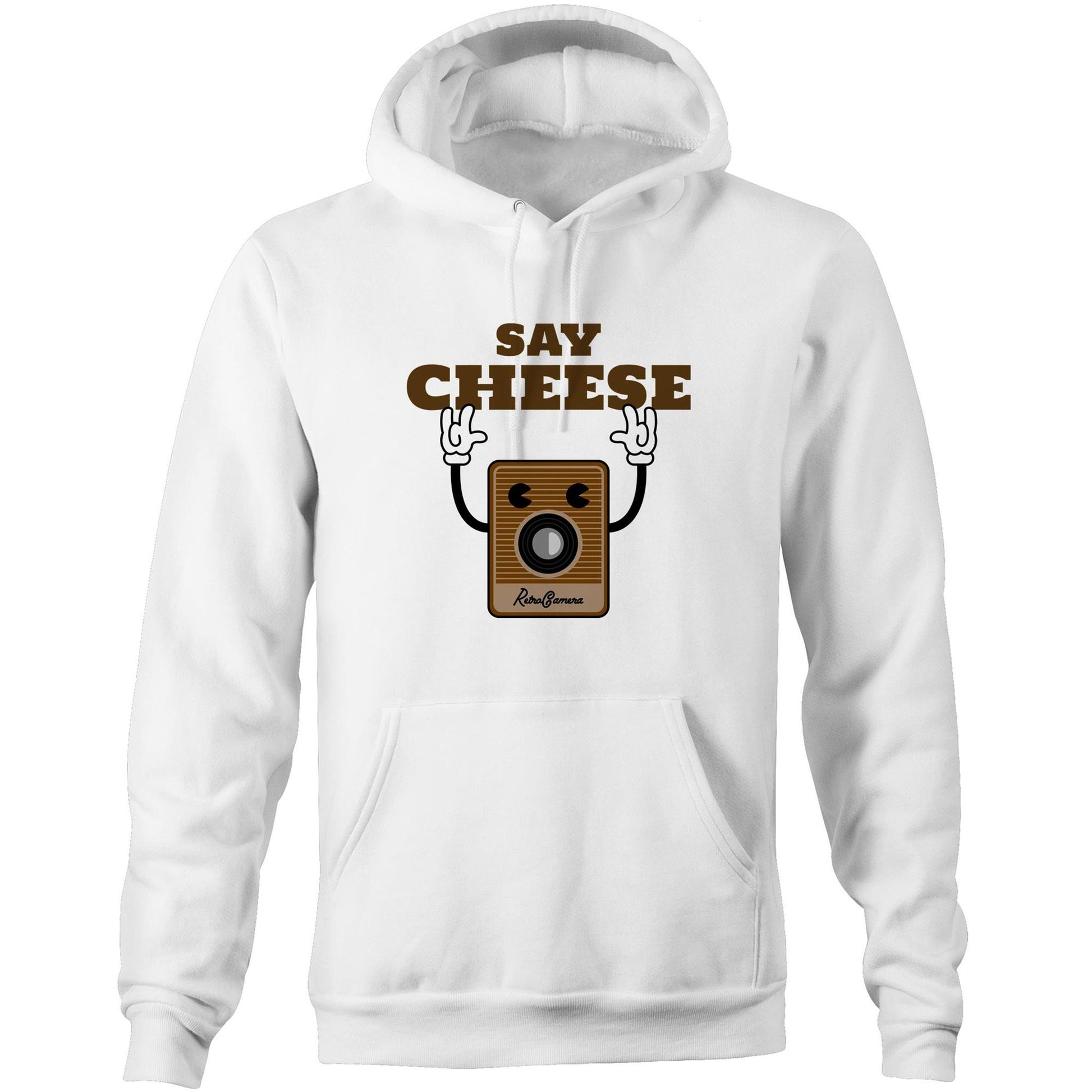 Say Cheese, Retro Camera - Pocket Hoodie Sweatshirt White Hoodie Retro Tech