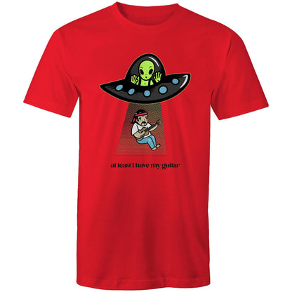 Guitarist Alien Abduction - Mens T-Shirt Red Mens T-shirt Music Sci Fi