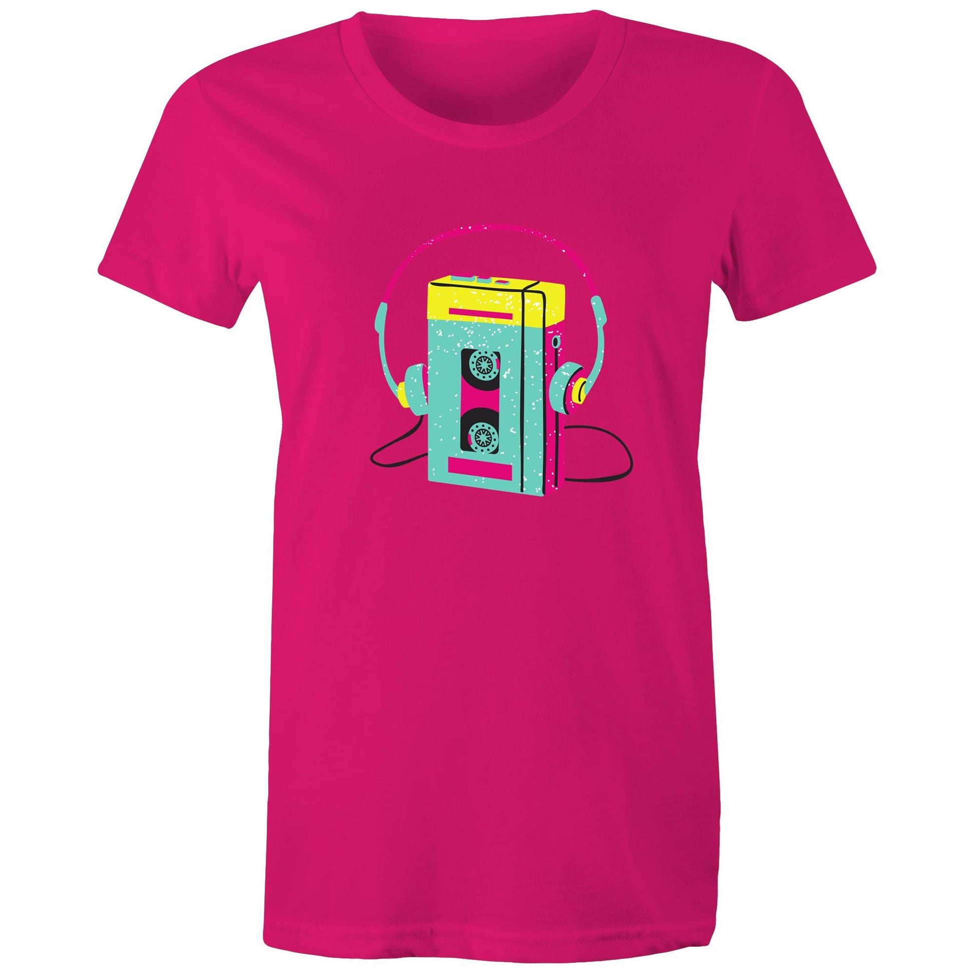 Wired For Sound, Music Player - Womens T-shirt Fuchsia Womens T-shirt Music Retro Womens