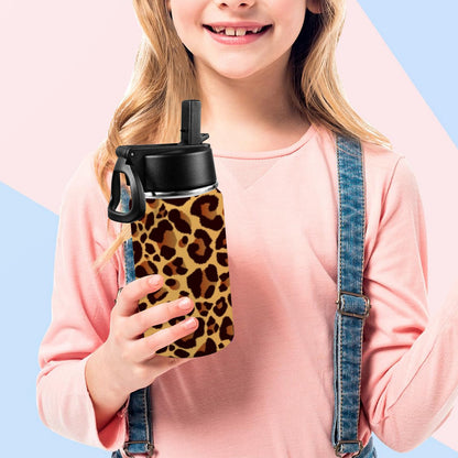 Leopard Print - Kids Water Bottle with Straw Lid (12 oz) Kids Water Bottle with Straw Lid