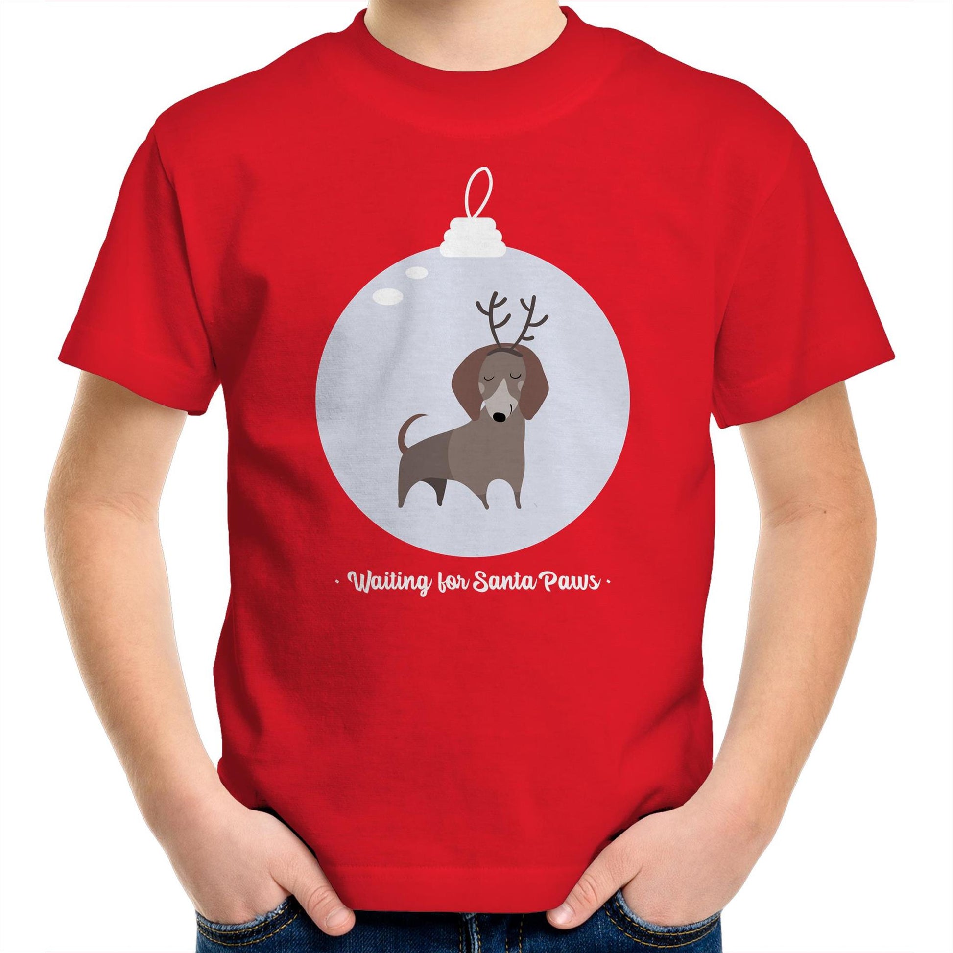 Santa Paws - Kids Youth Crew T-Shirt Red Christmas Kids T-shirt Merry Christmas