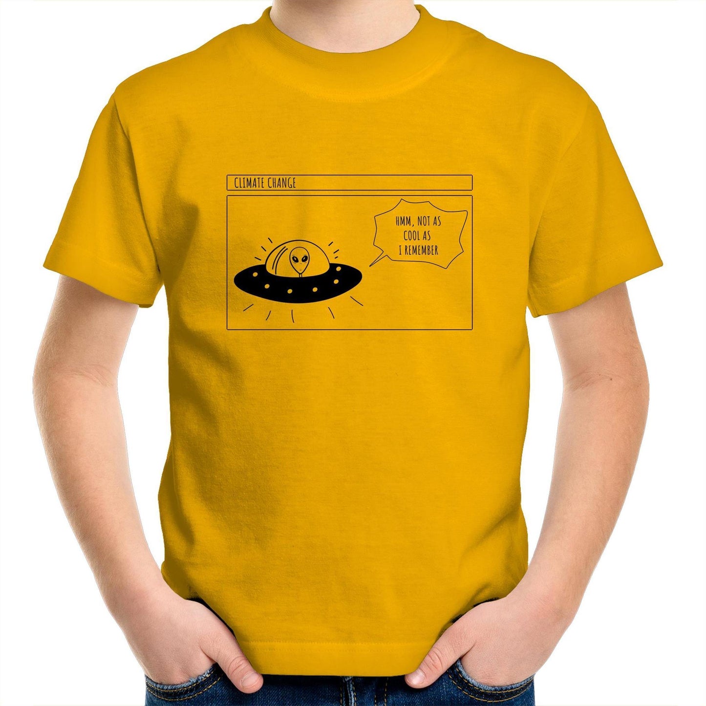 Alien Climate Change - Kids Youth Crew T-Shirt Gold Kids Youth T-shirt Environment Retro Sci Fi Space