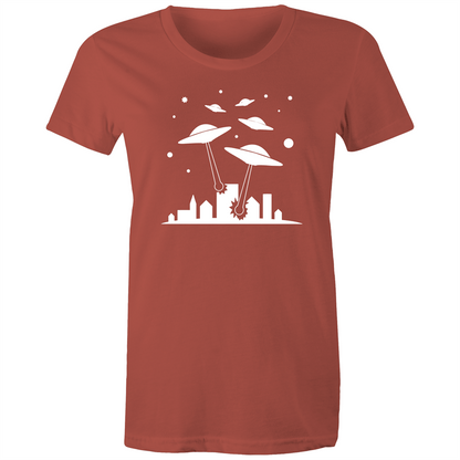 Space Invasion - Women's T-shirt Coral Womens T-shirt comic Retro Sci Fi Space Womens
