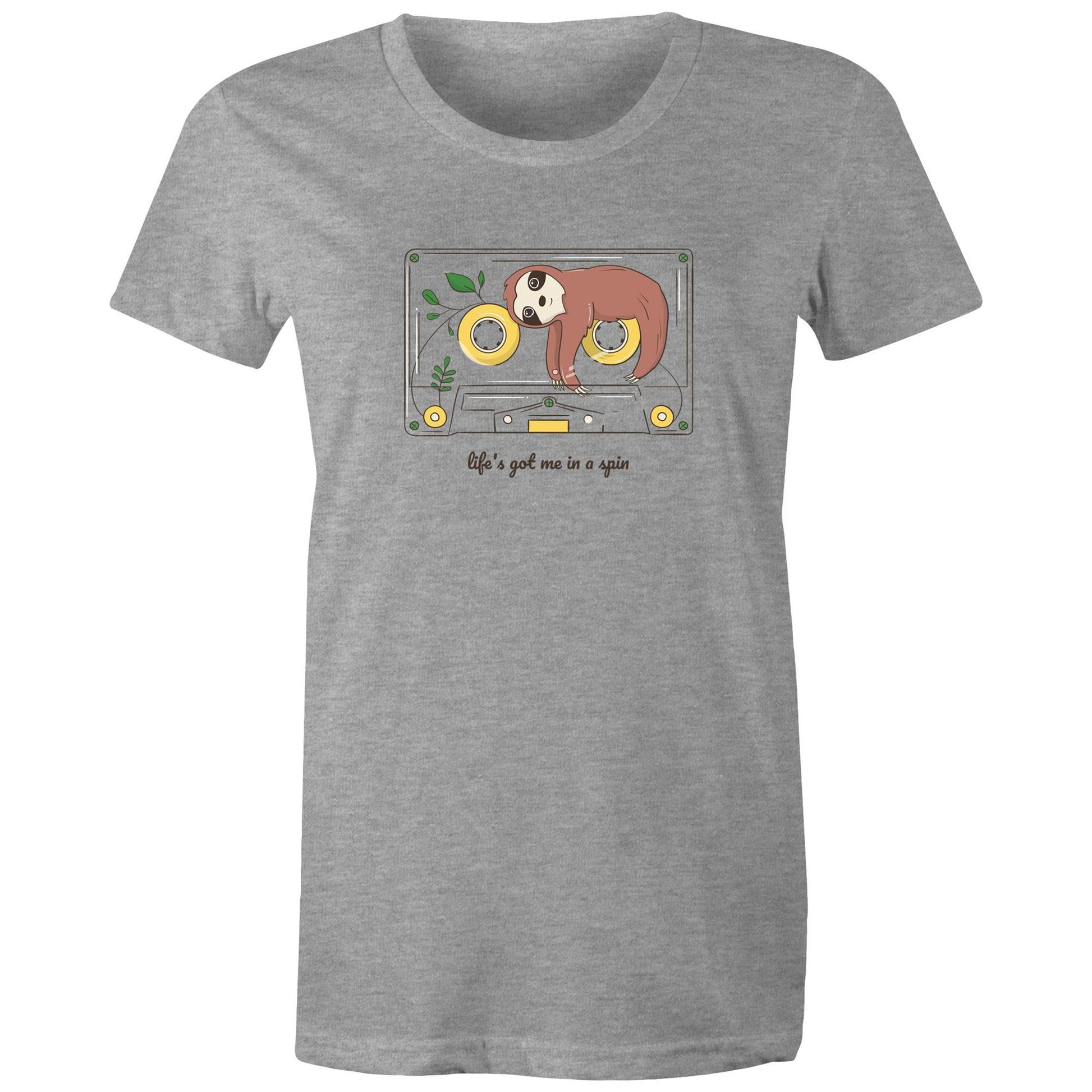 Cassette, Life's Got Me In A Spin - Womens T-shirt Grey Marle Womens T-shirt animal Music Retro