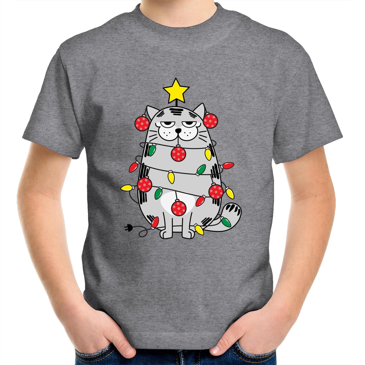 Christmas Cat - Kids Youth Crew T-Shirt Grey Marle Christmas Kids T-shirt Merry Christmas