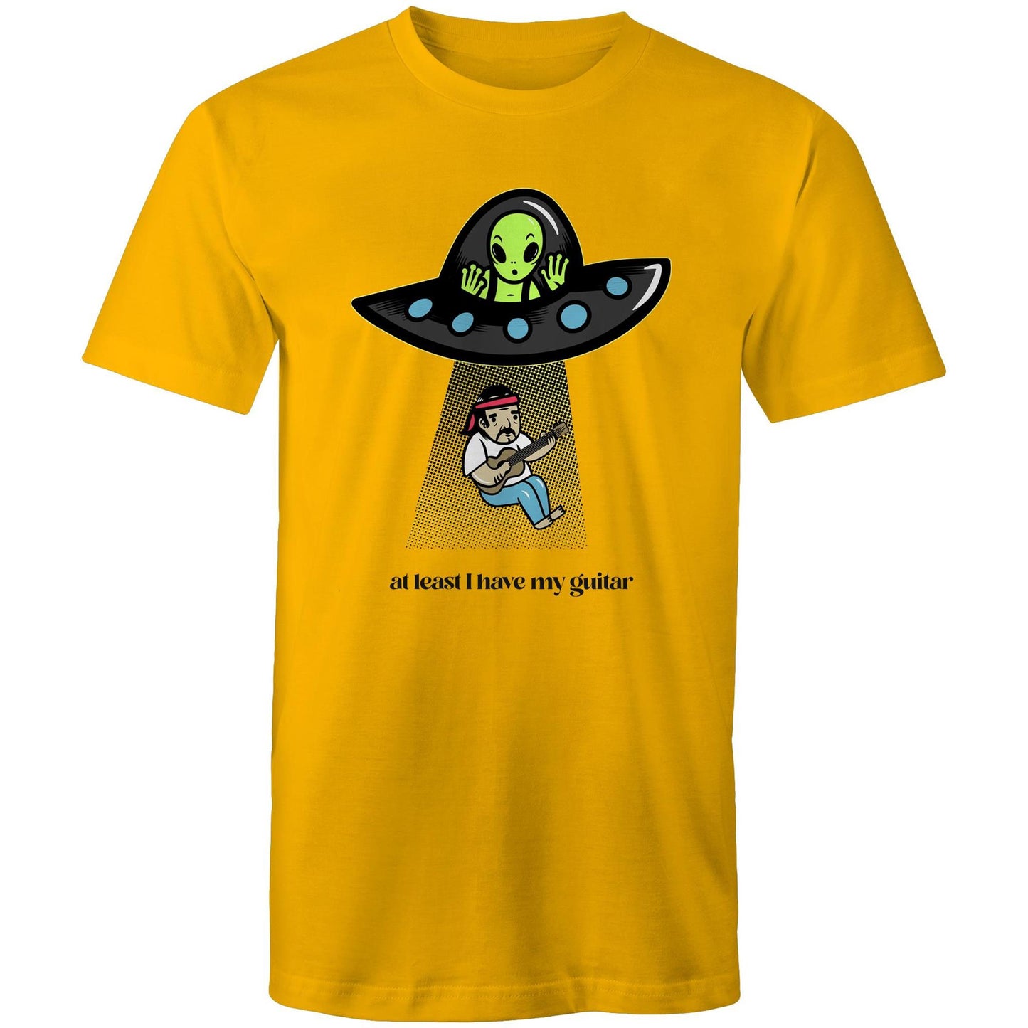 Guitarist Alien Abduction - Mens T-Shirt Gold Mens T-shirt Music Sci Fi