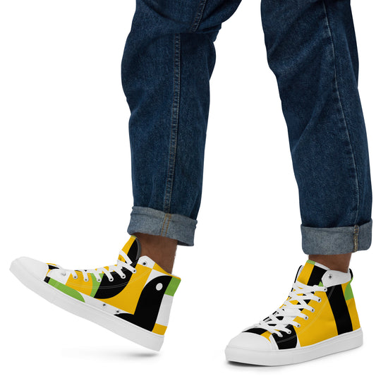 Yellow, Green And Black Geometric - Men’s high top canvas shoes Mens High Top Shoes Outside Australia