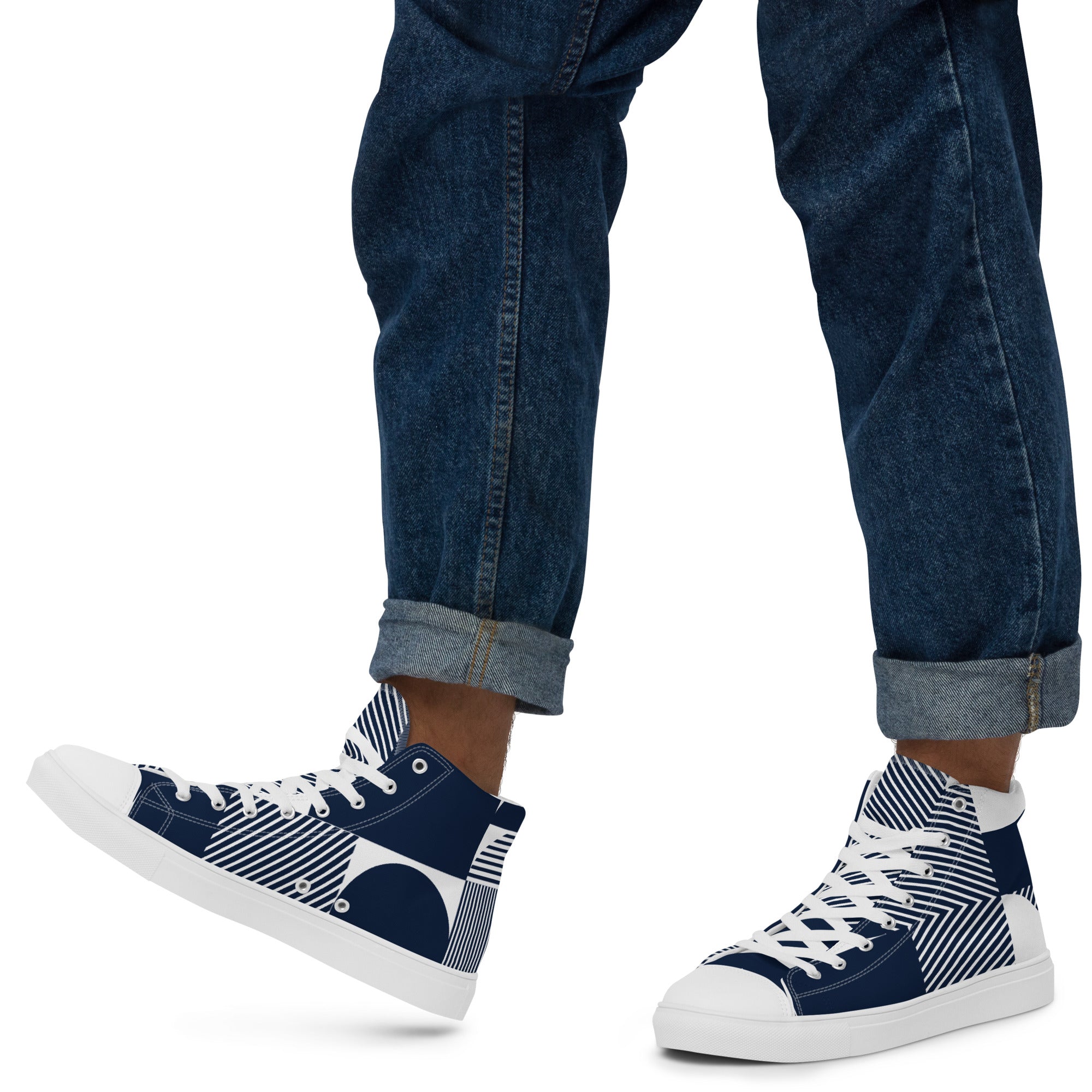 Blue Geometric Men s high top canvas shoes