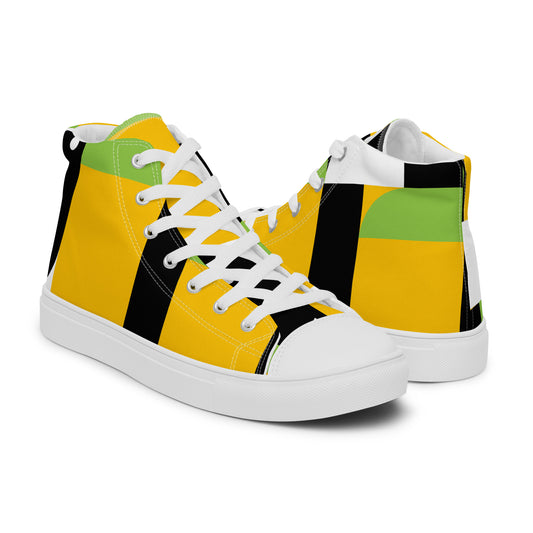 Yellow, Green And Black Geometric - Men’s high top canvas shoes Mens High Top Shoes Outside Australia Printed Offshore