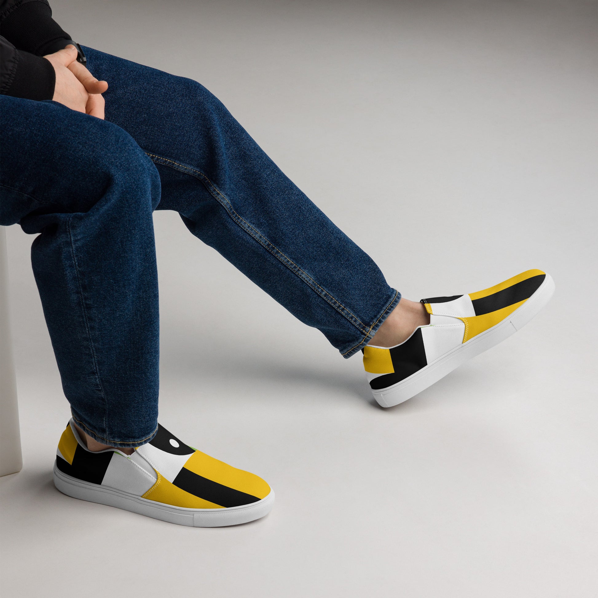 Yellow, Green And Black Geometric - Men’s slip-on canvas shoes Mens Slip On Shoes Printed Offshore