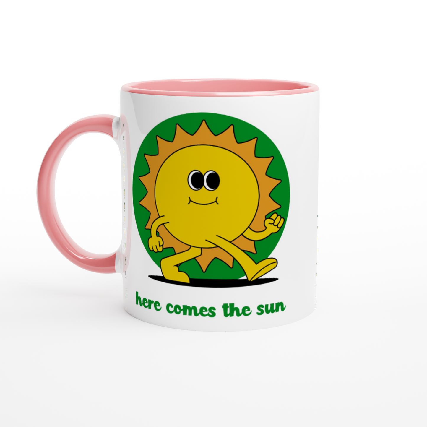 Here Comes The Sun - White 11oz Ceramic Mug with Colour Inside ceramic pink Colour 11oz Mug Retro Summer