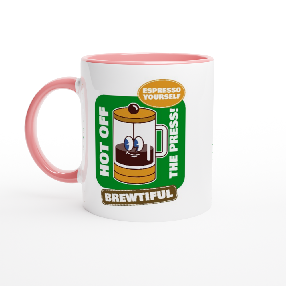 Brewtiful, Espresso Yourself - White 11oz Ceramic Mug with Colour Inside ceramic pink Colour 11oz Mug Coffee