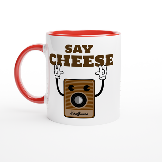 Say Cheese, Retro Camera - White 11oz Ceramic Mug with Colour Inside Colour 11oz Mug Retro Tech