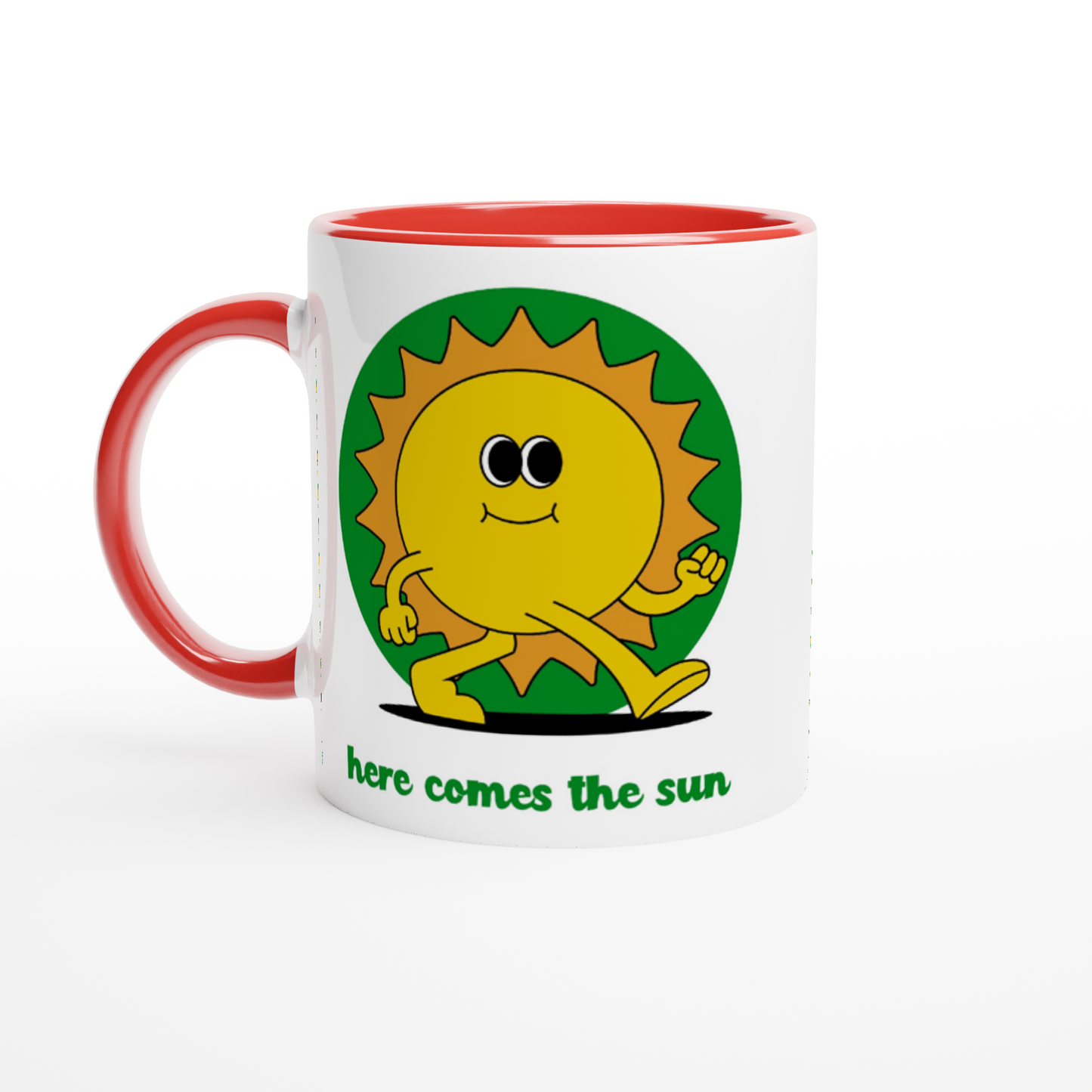 Here Comes The Sun - White 11oz Ceramic Mug with Colour Inside ceramic red Colour 11oz Mug Retro Summer