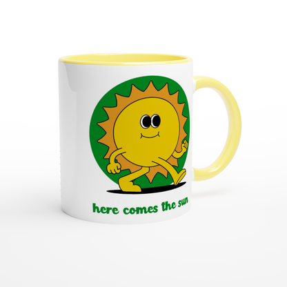 Here Comes The Sun - White 11oz Ceramic Mug with Colour Inside Colour 11oz Mug Retro Summer
